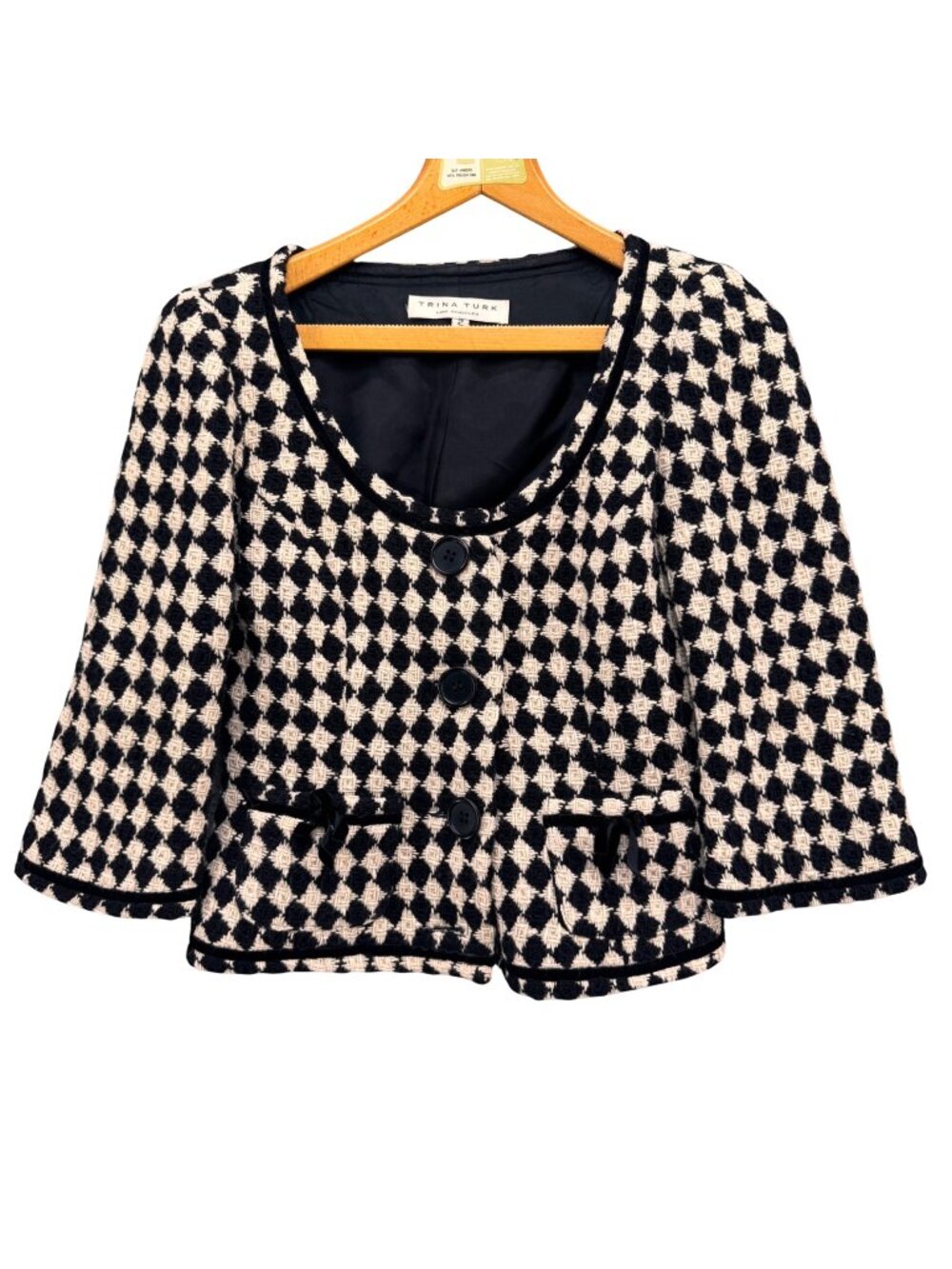 Trina Turk Diamond Knit Cropped Jacket Womens Black Cream Scoop Neck Size 2